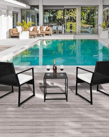 Outvita 3PCS Rattan Conversation Set, Outdoor Wicker Furniture Bistro Set 2 Chairs and Glass Top Table for Small Balcony Backyard Patio(Black) - LeafyLoom
