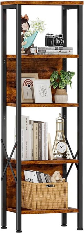 Furologee 5 Tier Bookshelf with Back, Tall Narrow Bookcase, Rustic Standing Shelf Units, Metal and Wood Display Storage Rack Organizer for Bedroom, Living Room, Home Office, Entryway - LeafyLoom