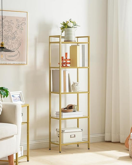 HOOBRO 5-Tier Gold Bookcase, Tempered Glass Bookshelves, Slim Shelving Unit for Living Room, Narrow Bookshelf for Small Spaces, Storage Rack Display Shelf for Home Office, Gold GD45SJ01 - LeafyLoom