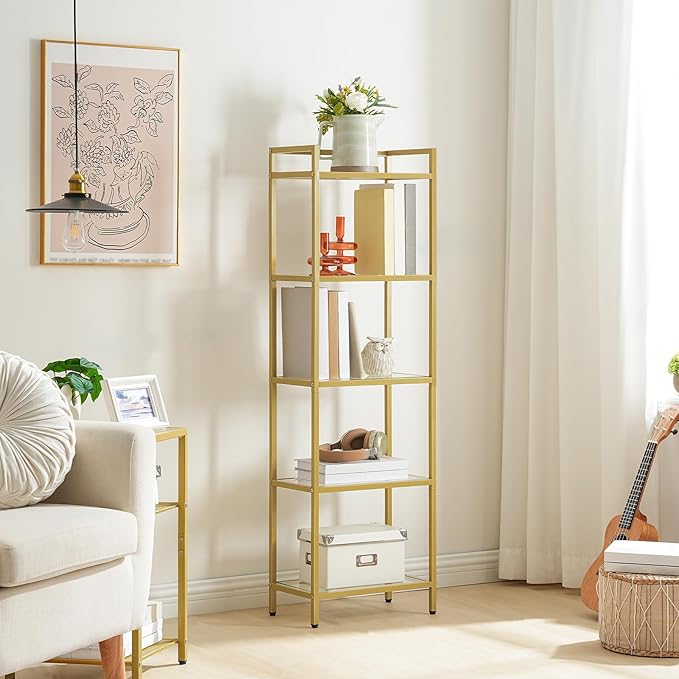 HOOBRO 5-Tier Gold Bookcase, Tempered Glass Bookshelves, Slim Shelving Unit for Living Room, Narrow Bookshelf for Small Spaces, Storage Rack Display Shelf for Home Office, Gold GD45SJ01 - LeafyLoom