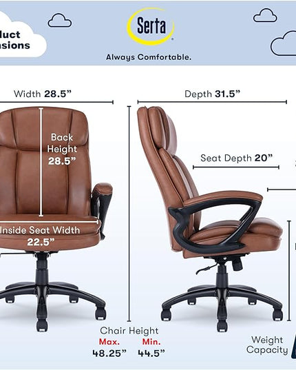 Serta Fairbanks Big and Tall High Back Executive Office Ergonomic Gaming Computer Chair with Layered Body Pillows, Contoured Lumbar Zone, Cognac - LeafyLoom