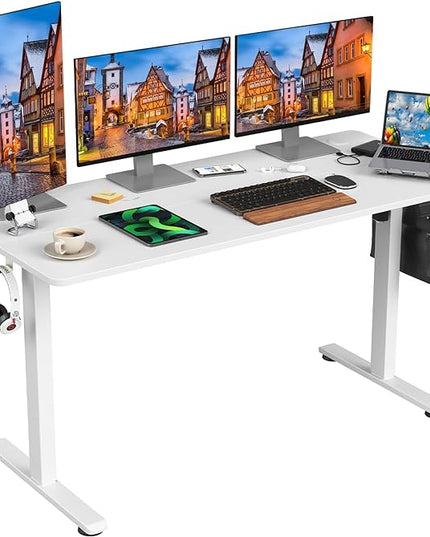 STARY Electric Adjustable Height Sit Stand Home Office Desk with Splice Board, 55x24, White Desktop/White Frame - LeafyLoom