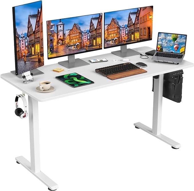 STARY Electric Adjustable Height Sit Stand Home Office Desk with Splice Board, 55x24, White Desktop/White Frame - LeafyLoom