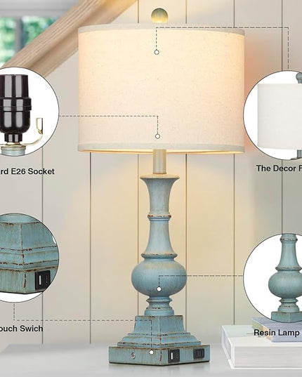 Farmhouse Table Lamps Set of 2, Rustic Touch Control Bedside Lamps with 2 USB Ports & AC Outlet, Vintage Resin 3-Way Dimmable Nightstand Lamp Linen Fabric Shade for Living Room Bedroom Decor Blue - LeafyLoom