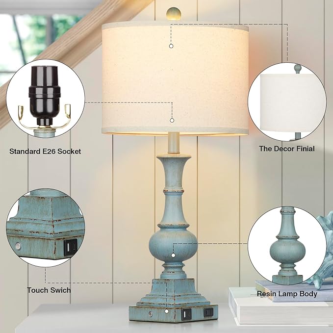Farmhouse Table Lamps Set of 2, Rustic Touch Control Bedside Lamps with 2 USB Ports & AC Outlet, Vintage Resin 3-Way Dimmable Nightstand Lamp Linen Fabric Shade for Living Room Bedroom Decor Blue - LeafyLoom