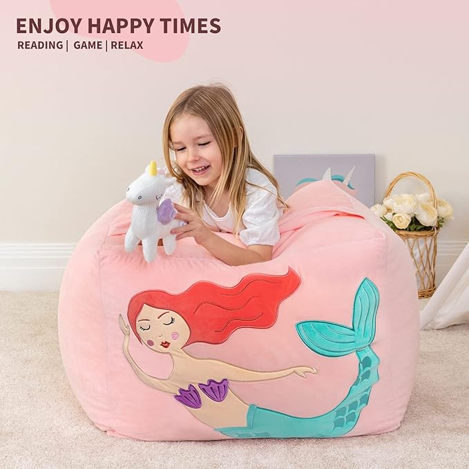 Aubliss Unicorn Stuffed Animal Storage Bean Bag Chair for Kids, Velvet Extra Soft Beanbag Chairs Cover, X-Large Stuffable Zipper Bean Bag for Organizing Plush Toys Girls Bedroom Decor, Pink - LeafyLoom