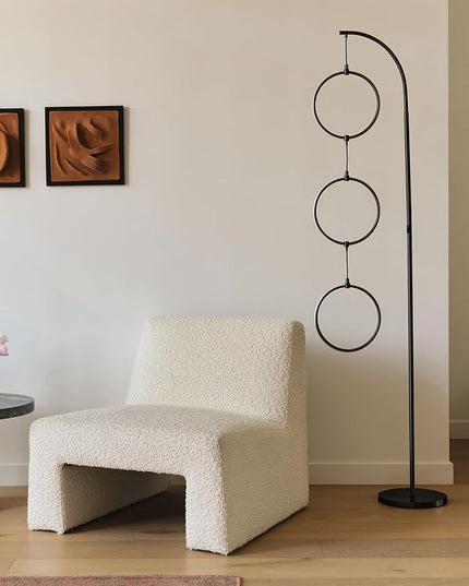 Brightech Nova Modern Floor Lamp Matches Living Room Décor - Contemporary Arc Tall Lamp with 3-Circle Ring-Style Pendant - Over The Couch Standing on Arching Pole - Eclectic- Black - LeafyLoom