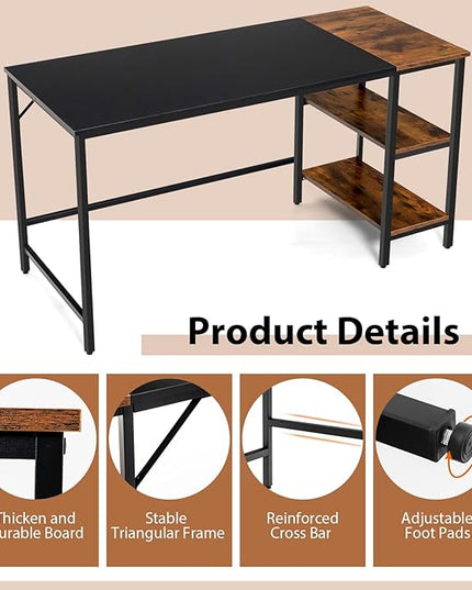 Multifunctional Computer Desk, Industrial Study Writing Desk w/Removable Storage Shelf, Heavy-Duty Metal Frame, 55 Inch Desk for Home Office, Gaming Room, Bedroom (Black) - LeafyLoom