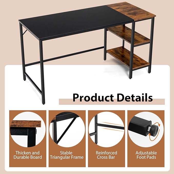 Multifunctional Computer Desk, Industrial Study Writing Desk w/Removable Storage Shelf, Heavy-Duty Metal Frame, 55 Inch Desk for Home Office, Gaming Room, Bedroom (Black) - LeafyLoom