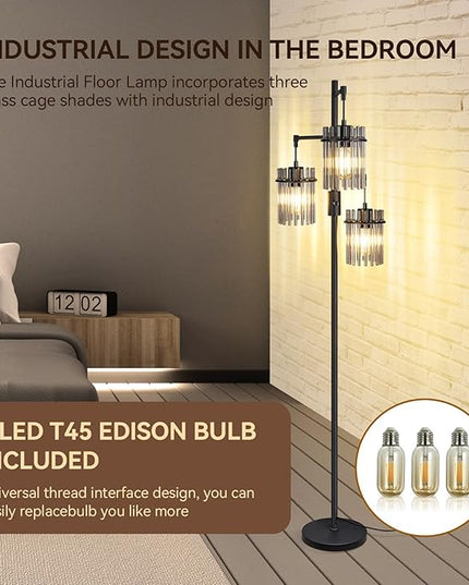 Industrial Modern Floor Lamps for Living Room, Dimmable Glass Tree Standing Tall Lamps with 3 Elegant Teardrop Cage Head & 800 Lumens LED Bulbs for Bedroom Office (66inch tall) - LeafyLoom