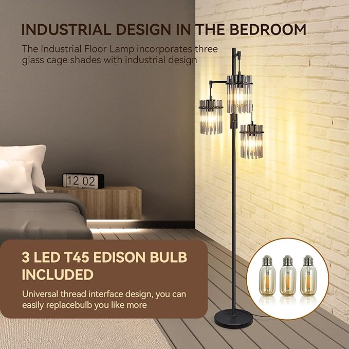 Industrial Modern Floor Lamps for Living Room, Dimmable Glass Tree Standing Tall Lamps with 3 Elegant Teardrop Cage Head & 800 Lumens LED Bulbs for Bedroom Office (66inch tall) - LeafyLoom