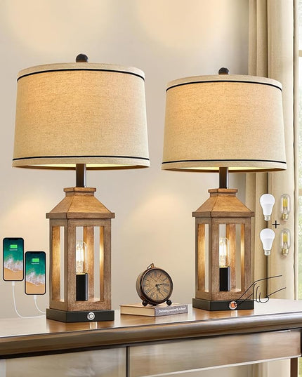 23.75" Farmhouse Dual USB Charging Ports 3-Way Dimmable Touch Control Table Lamp with Nightlight Vintage Modern Lamps for Living Room Bedroom - LeafyLoom