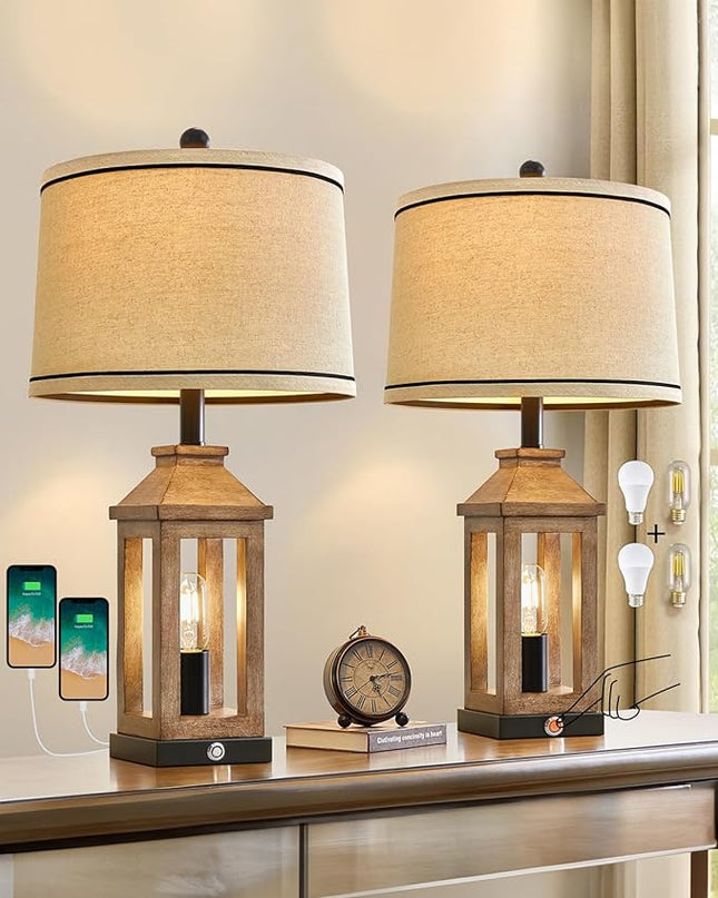 23.75" Farmhouse Dual USB Charging Ports 3-Way Dimmable Touch Control Table Lamp with Nightlight Vintage Modern Lamps for Living Room Bedroom - LeafyLoom