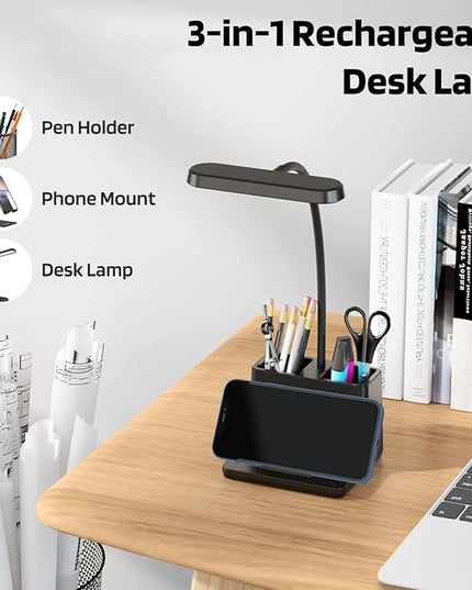 Battery Operated Desk Lamp, Small Desk Light for Home Office, Rechargeable Desktop Lamp, LED Portable Lamp with Adjustable Gooseneck, Black Study Reading Lamp for Kids - LeafyLoom