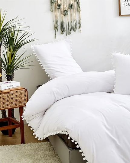 White Twin Comforter Girls Pom Comforter White Twin Bedding Set Boys 3 PCs Soft White Ball Pom Fringe Comforter Set 1 Twin Comforter (68x90 inches) with 2 Pillowcases (20x26 inches) - LeafyLoom