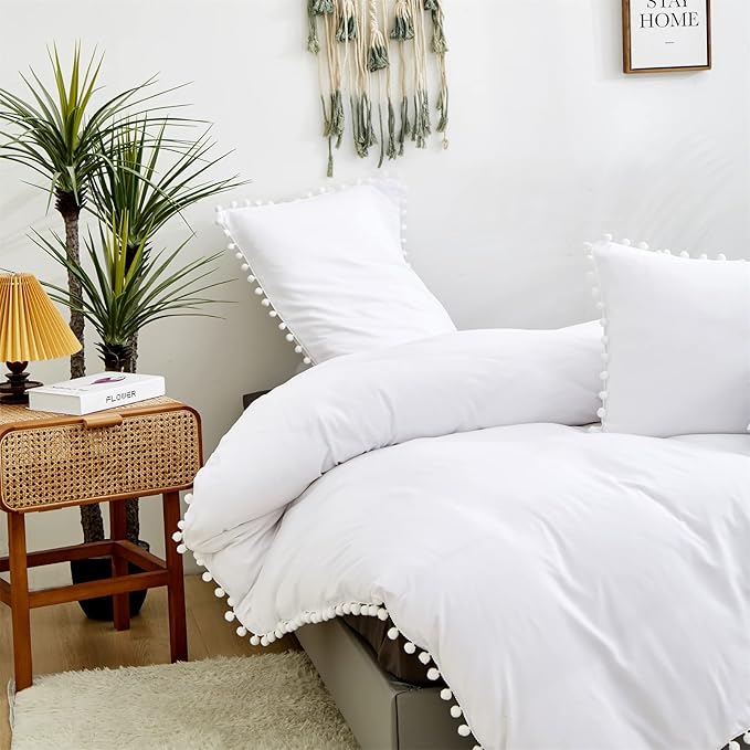 White Twin Comforter Girls Pom Comforter White Twin Bedding Set Boys 3 PCs Soft White Ball Pom Fringe Comforter Set 1 Twin Comforter (68x90 inches) with 2 Pillowcases (20x26 inches) - LeafyLoom