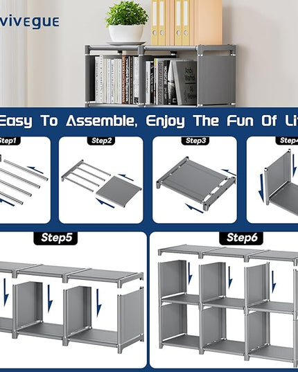 Mavivegue Book Shelf, 6 Cube Storage Organizer, DIY Bookcase, Metal Cube Bookshelf,Tall Book case for Bedroom, Living Room,Office,Closet Storage Organizer, Grey Cubicle Storage Rack - LeafyLoom