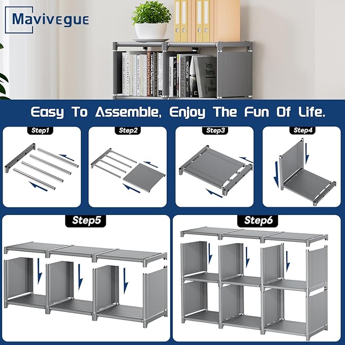 Mavivegue Book Shelf, 6 Cube Storage Organizer, DIY Bookcase, Metal Cube Bookshelf,Tall Book case for Bedroom, Living Room,Office,Closet Storage Organizer, Grey Cubicle Storage Rack - LeafyLoom