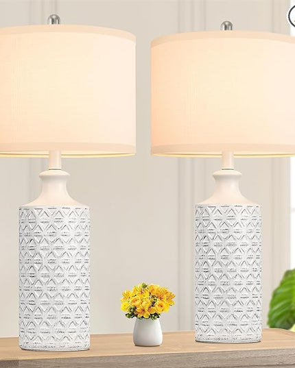 Brightever Ceramic Table Lamps Set of 2, 25'' Farmhouse Modern Nightstand Lamps for Living/Study Room, Bedroom, Office, Large Bedside Lamp with White Fabric Shade, Bulb not Included - LeafyLoom