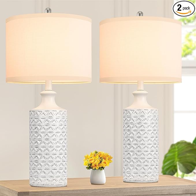 Brightever Ceramic Table Lamps Set of 2, 25'' Farmhouse Modern Nightstand Lamps for Living/Study Room, Bedroom, Office, Large Bedside Lamp with White Fabric Shade, Bulb not Included - LeafyLoom