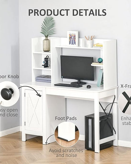HOMCOM Farmhouse Computer Desk with Hutch and Cabinet, Home office Desk with Storage, for Study, White - LeafyLoom