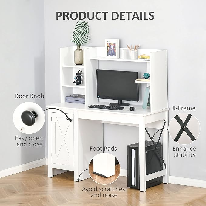 HOMCOM Farmhouse Computer Desk with Hutch and Cabinet, Home office Desk with Storage, for Study, White - LeafyLoom
