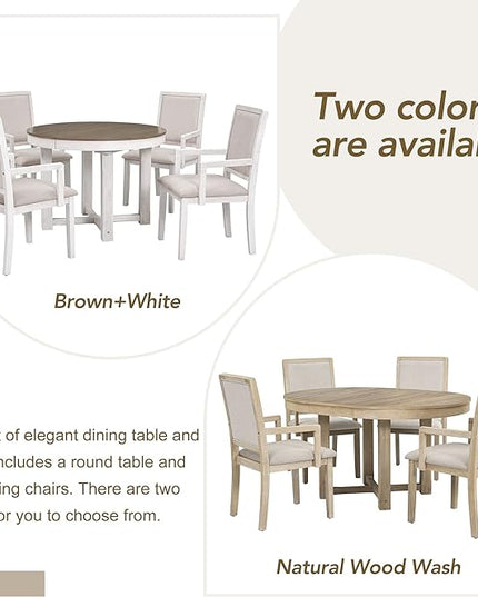 Kitchen 5-Piece Set, Two-Size Round to Oval Extendable Butterfly Leaf Table and 4 Upholstered Dining Chairs with Armrests, Natural Wood Wash - LeafyLoom