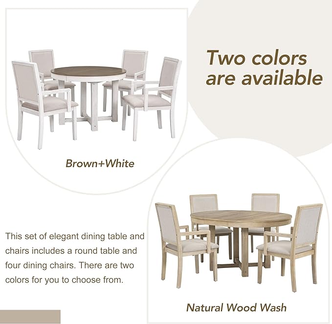 Kitchen 5-Piece Set, Two-Size Round to Oval Extendable Butterfly Leaf Table and 4 Upholstered Dining Chairs with Armrests, Natural Wood Wash - LeafyLoom
