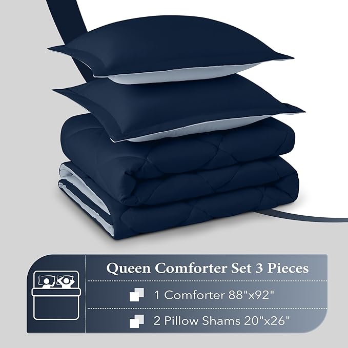 downluxe Queen Comforter Set - Blue and Sapphire Queen Comforter, Soft Bedding Sets for All Seasons -3 Pieces - 1 Comforter (88"x92") and 2 Pillow Shams(20"x26") - LeafyLoom