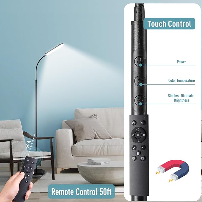 [2024 New] Floor Lamp, 18W 1800LM Super Bright LED Light Lamp with Remote & Works with Smart Plug, Dimmable Timing Eye Caring Reading Light Modern Standing Floor Lamp for Living Room Bedroom Office - LeafyLoom
