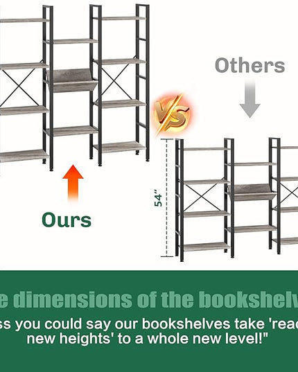 Shintenchi Industrial Bookcase,71.6” Triple 4 Tier Bookshelf with 11 Open Display Shelves,Large Etagere Bookshelf Open Record Player Shelves,Wide Book Shelf Book Case for Home & Office, Grey - LeafyLoom