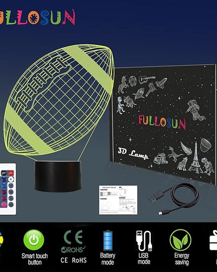 FULLOSUN Football 3D Night Light, American Football 3D Illusion Lamp for Kids with Remote 16 Colors Changing, Creative Birthday Rugby Gifts for Boy Girl Bedroom Decoration - LeafyLoom