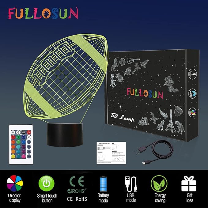 FULLOSUN Football 3D Night Light, American Football 3D Illusion Lamp for Kids with Remote 16 Colors Changing, Creative Birthday Rugby Gifts for Boy Girl Bedroom Decoration - LeafyLoom