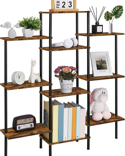 4-Tier Bookshelf,Small Triple Wide Bookcase for Books,CDs,Movies,Display Shelf with 10 Open Shelves for Living Room,Home Office,Balcony,Rustic Brown - LeafyLoom