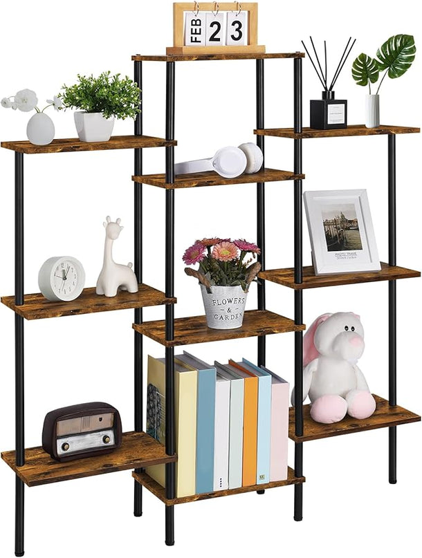 4-Tier Bookshelf,Small Triple Wide Bookcase for Books,CDs,Movies,Display Shelf with 10 Open Shelves for Living Room,Home Office,Balcony,Rustic Brown - LeafyLoom