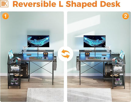 ODK 40 Inch Gaming Desk with USB Power Outlets and LED Lights, Reversible L Shaped Computer Desk with Storage Shelves & Monitor Stand, Corner Home Office Desk Table, Carbon Fiber Surface, Black - LeafyLoom