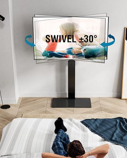FITUEYES Swivel Floor TV Stand with Mount for TVs 37 43 50 55 60 65 70 75 Inch LCD LED Flat/Curved Screens Universal Swivel Televisions TV Mount Stand for Bedroom Living Room Black Tempered Glass Base - LeafyLoom