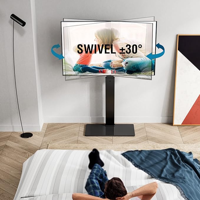 FITUEYES Swivel Floor TV Stand with Mount for TVs 37 43 50 55 60 65 70 75 Inch LCD LED Flat/Curved Screens Universal Swivel Televisions TV Mount Stand for Bedroom Living Room Black Tempered Glass Base - LeafyLoom