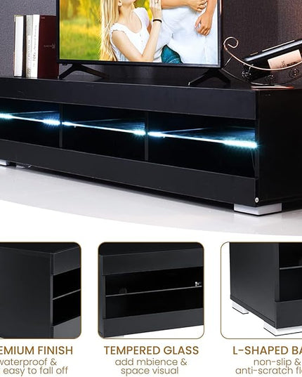 HOMMPA LED TV Stand with LED Lights for 65 inch TV Modern Entertainment Center with Storage 57" Black TV Console with Glass Shelves for Living Room 15" Tall - LeafyLoom