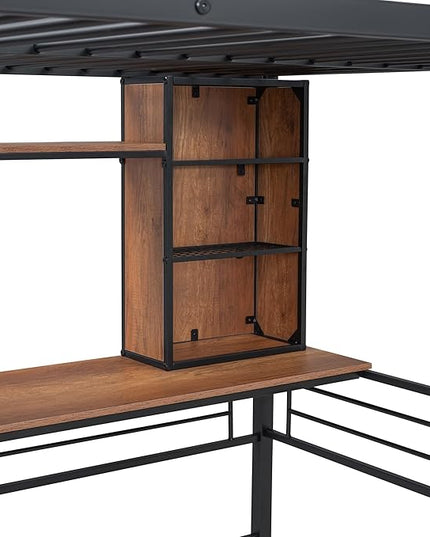 RITSU Full Size Loft Bed with Desk and Storage Shelves, Metal BedFrame,w/Ladder & Fenced Around Guardrails, Easy Assembly, for Adults, Kids, Teens, Black - LeafyLoom