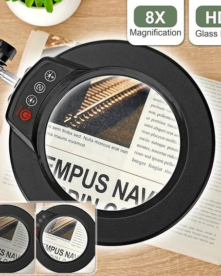 8X Magnifying Glass with Light and Stand, Upgrade Button 5 Color Modes Stepless Dimmable, 2-in-1 LED Lighted Magnifier Light, Hands Free Desk Lamp with Clamp for Craft Hobby Reading Close Work - LeafyLoom