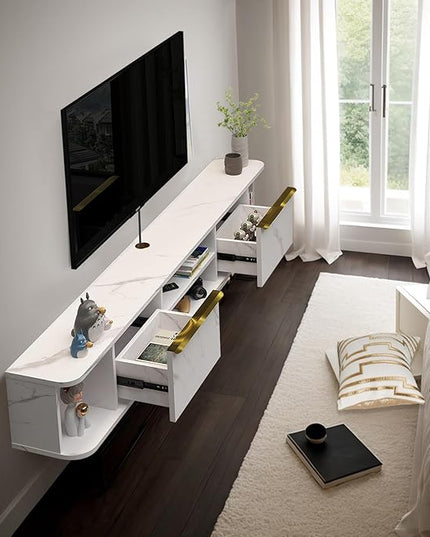 Pmnianhua Floating TV Stand with 2 Drawers,70'' Wall Mounted TV Shelf,Floating Shelf Under TV,Floating TV Console with Cabinets for Bedroom Living Room(White) - LeafyLoom