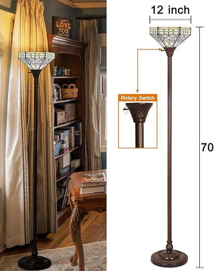 Capulina Tiffany Torchiere Floor Lamp 70 Inches Tall Industrial Dark Bronze Pole Mission Hexagon Virgin Style Stained Glass Torch Standing Light Decor for Living Room Bedroom Home Office - LeafyLoom