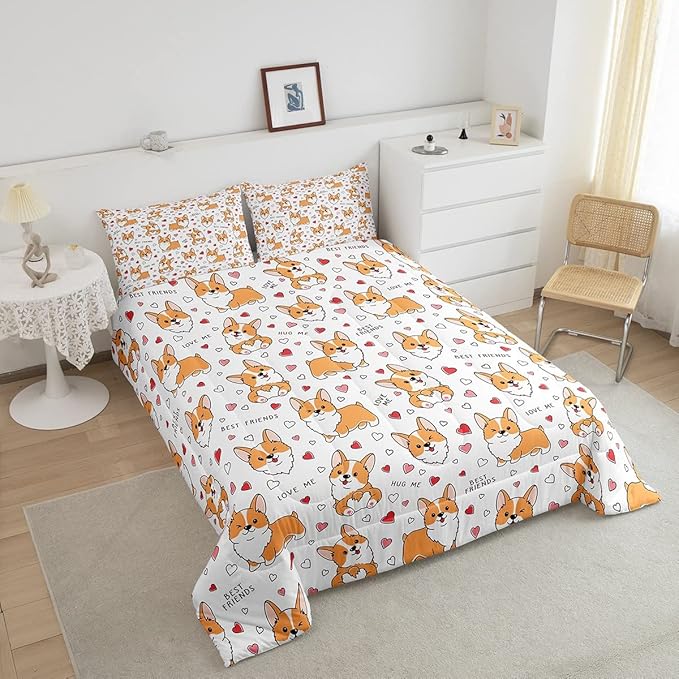Feelyou Kids Kawaii Corgi Comforter Set Toddler Cute Dog All Season Down Comforter Boys Girls Cartoon Puppy Dog Bedding Set Lovely Animal Quilt Set Room Decor 2Pcs with 1 Pillow Case Twin Size - LeafyLoom