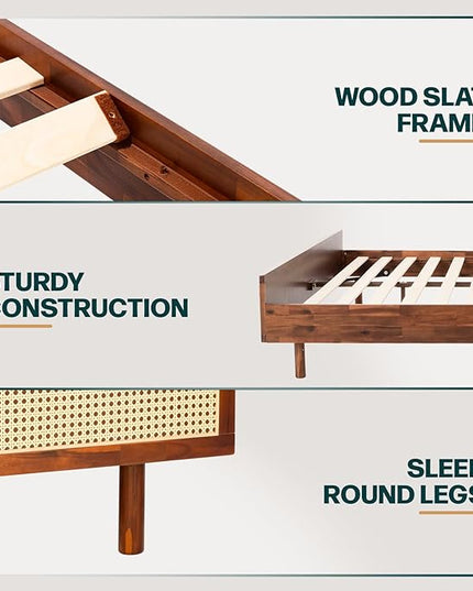 Bme Nancy Signature Bed Frame, Queen Bed Frame and Headboard Unique Geometric, Mid Century Modern, Solid Acacia Wood, No Box Spring Needed, 12 Strong Wood Slats Support, Easy Assembly, Dark Chocolate - LeafyLoom