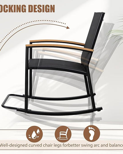 Shintenchi 3 Piece Outdoor Rocking Bistro Set, Textilene Fabric Small Patio Furniture Set, Front Porch Rocker Chairs Conversation Set with Table for Lawn, Garden, Balcony, Poolside (Black) - LeafyLoom