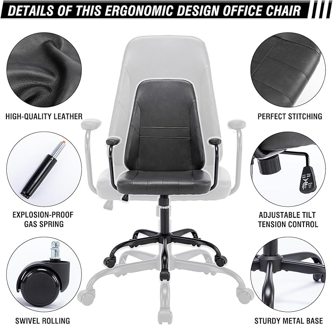 Executive Office Chair, Home Office Desk Chair, Mid Back PU Leather Desk Chair, 360° Swivel Computer Chair, Height Adjustable Tilt Vanity Task Chair for Office, Reading Meeting Room - LeafyLoom