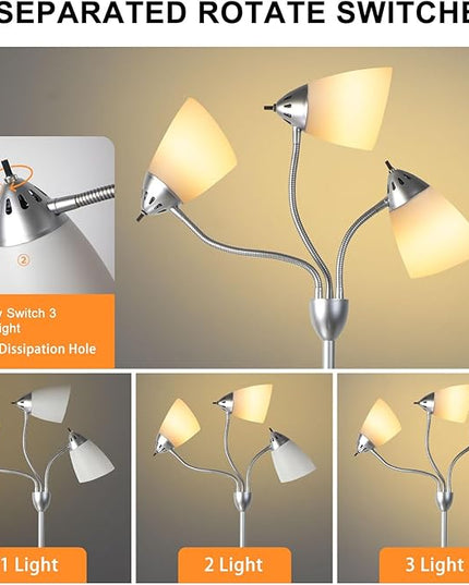 DINGLILIGHTING Floor Lamp Tall for Bedroom: Silver Standing Lamp Reading for Living Room Home Study Room Office - Modern Led Floor Light 3-Light Adjustable Flexible Gooseneck Metal Multi Head - LeafyLoom