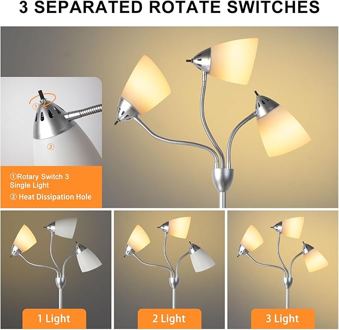 DINGLILIGHTING Floor Lamp Tall for Bedroom: Silver Standing Lamp Reading for Living Room Home Study Room Office - Modern Led Floor Light 3-Light Adjustable Flexible Gooseneck Metal Multi Head - LeafyLoom