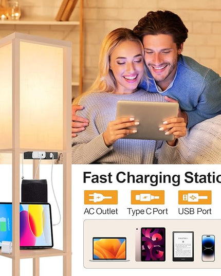 OUTON Floor Lamp with Shelves, LED Shelf Floor Lamp with 1 USB & 1 Type C Ports, 1 AC Outlet, 3 Color Temperature, Storage Display Wood Column Tall Standing Lamp for Living Room, Bedroom Office, Wood - LeafyLoom